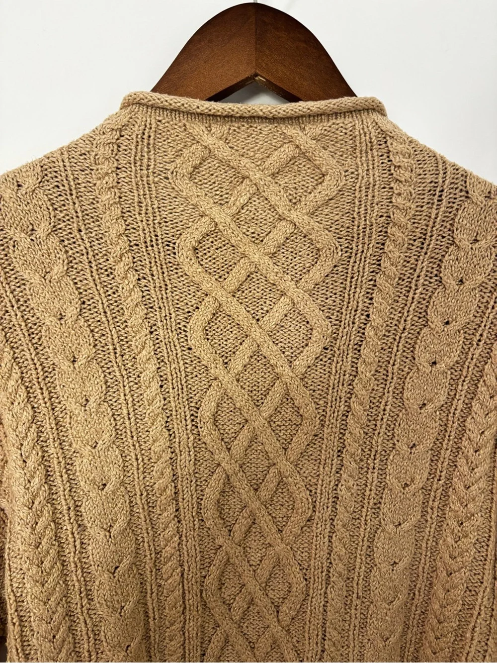 J.Crew Cable Knit Rolled Neck Sweater Large Tan Cotton Blend Fisherman Knit